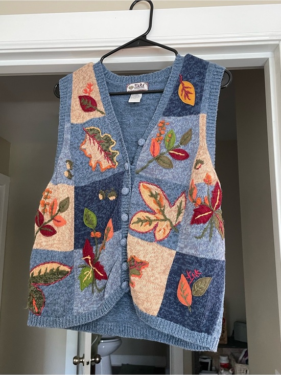 Tiara Jackets & Blazers - Tiara Blue Patchwork Embroidered Leaf Knit Vest